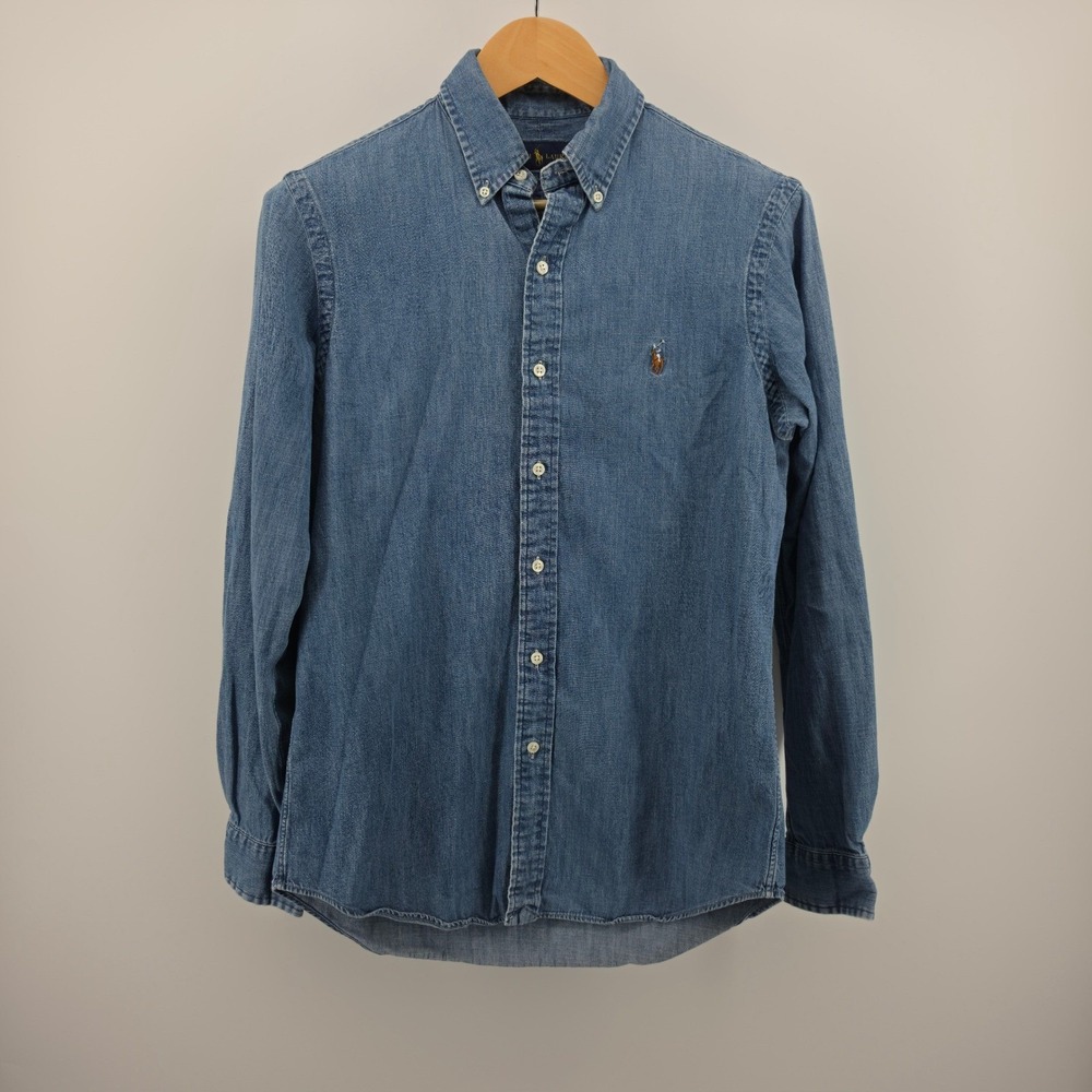 Ralph Lauren Mens Small Denim Button Down Shirt Blue Long Sleeve Pony Logo